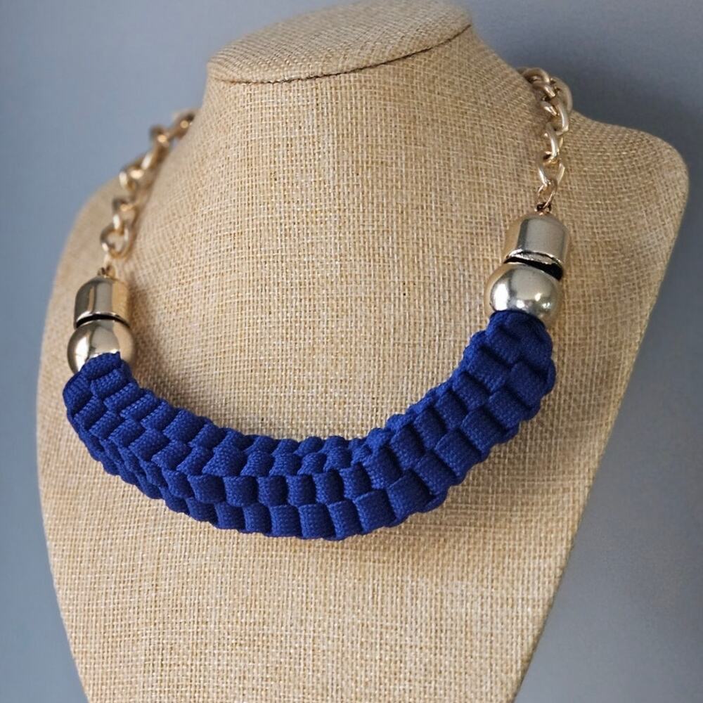 Accessories Chunky Interwoven Blue Fabric & Gold-Tone Metal Statement Necklace